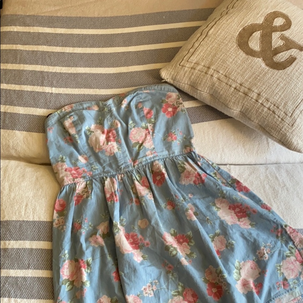 Light Denim Floral Sweetheart A-Line Dress